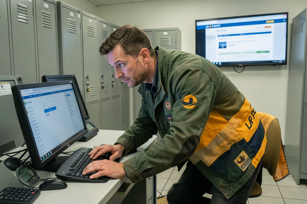 Agent de La Poste suivant les étapes de première connexion au portail Mon habillement sur un terminal informatique