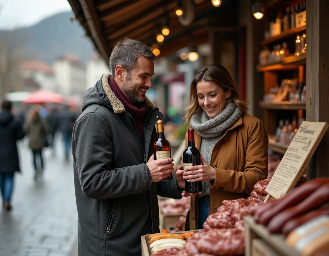 Deux amis comparant des bouteilles de vin local dans un marché frontalier près d'Ibardin, produits basques exposés sur les étals