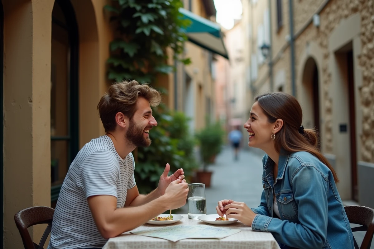 Deux amis partageant un repas abordable dans un café de rue lors d'un voyage économique