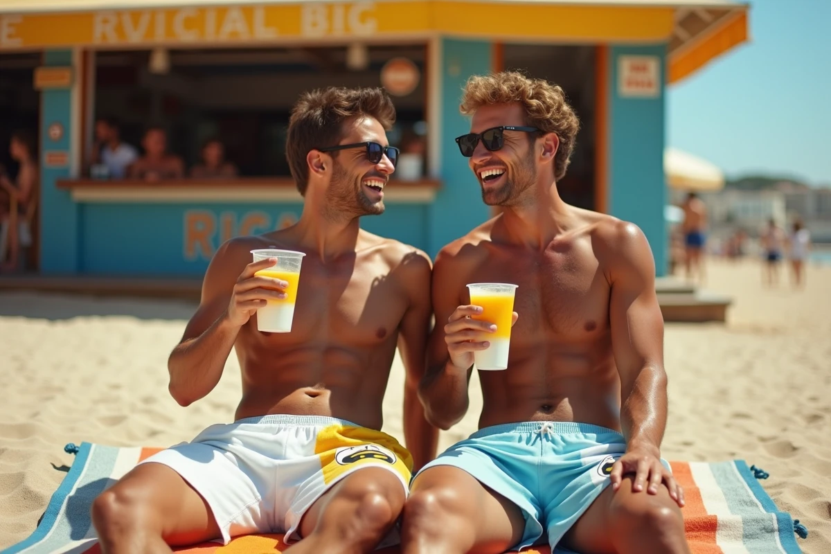 Deux amis en shorts de bain Ricard assis devant un bar de plage français rétro avec des boissons fraîches