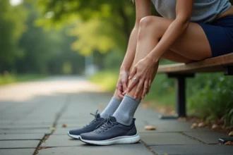 Femme examinant une ampoule sur son talon causée par une semelle de chaussure trop grande dans un parc urbain