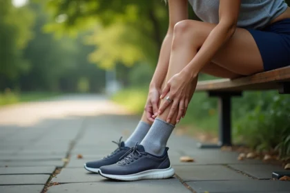 Femme examinant une ampoule sur son talon causée par une semelle de chaussure trop grande dans un parc urbain