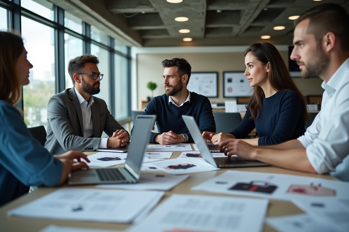 Équipe de professionnels analysant des rapports de marques de luxe pour distinguer les enseignes LVMH des concurrents indépendants