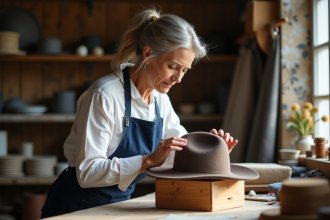Femme artisan façonnant un chapeau en feutre dans son atelier