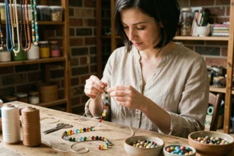 Artisane en train de confectionner une chaîne de téléphone artisanale avec des perles colorées dans un atelier en brique