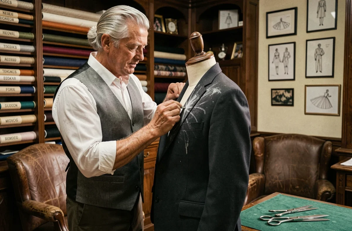 Maître tailleur chez Atelier Kost à Paris marquant à la craie les ajustements d'un blazer sur mesure dans un atelier au style artisanal traditionnel