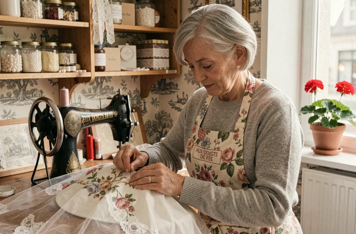 Couturière chez Aux Doigts De Fée à Paris brodant à la main un motif décoratif sur un voile de mariée dans un atelier chaleureux à la décoration vintage