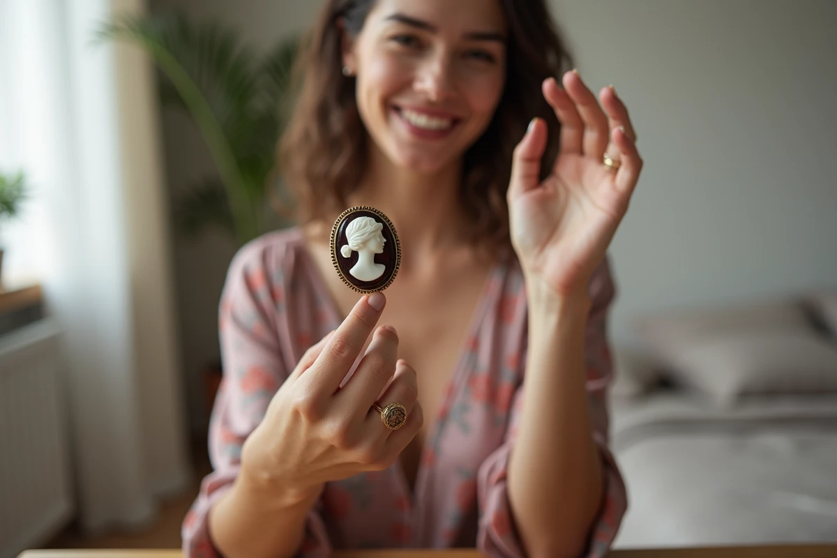 Femme en robe en soie examinant sa bague en camée ancienne portée avec des bagues dorées empilées dans un appartement moderne