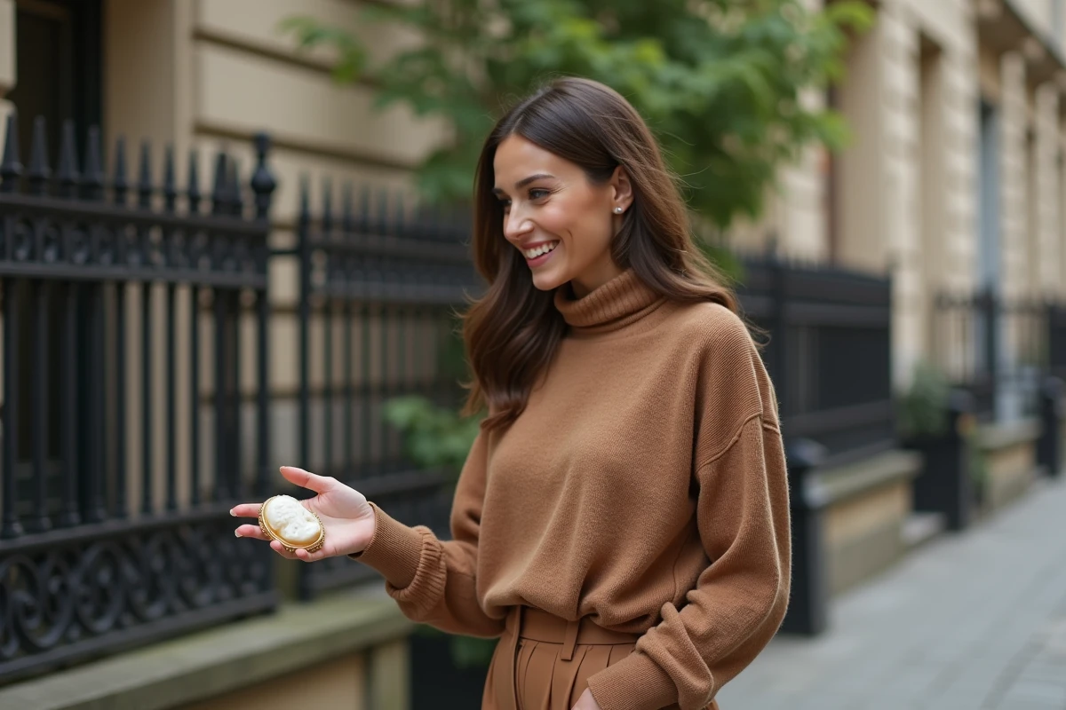 Femme élégante portant une bague en camée sur l'index avec un col roulé camel dans une rue parisienne pavée