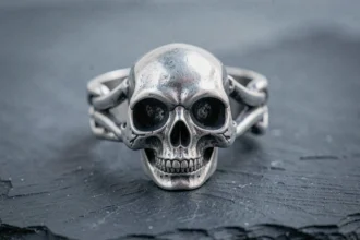 Bague tête de mort en argent oxydé posée sur une surface en ardoise foncée, vue macro montrant les détails sculptés du crâne
