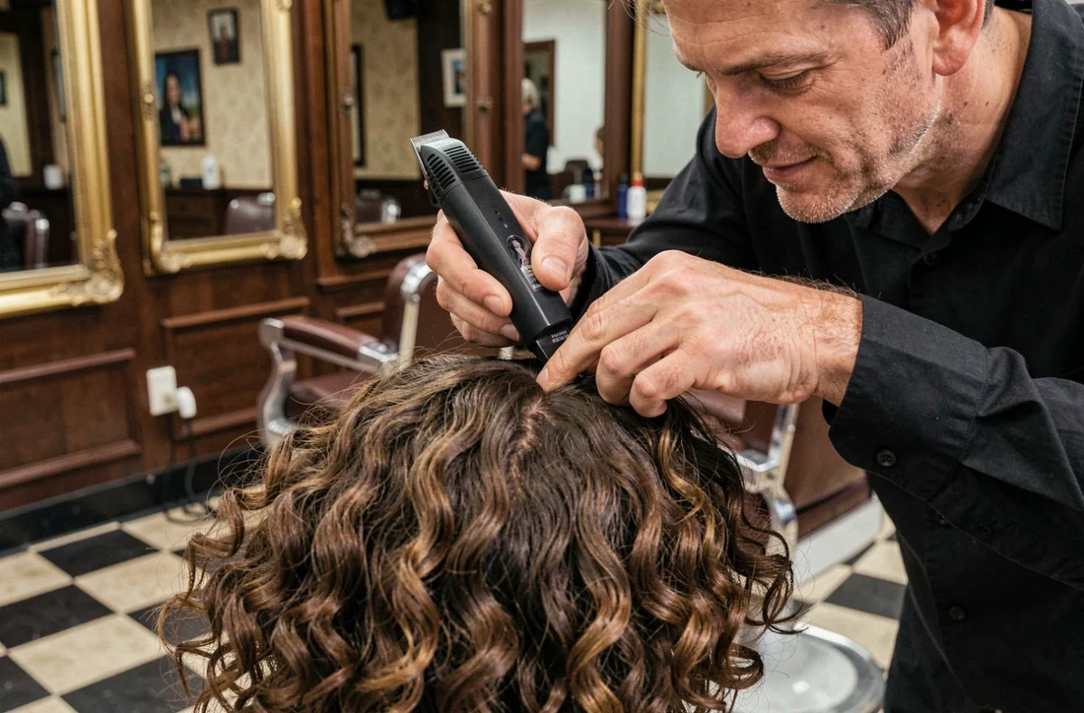 Barbier professionnel en train de sculpter un dégradé espagnol précis sur des cheveux bouclés d'un client en salon vintage