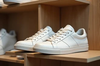 Paire de baskets françaises en cuir blanc posée sur une étagère en bois dans une boutique minimaliste, mettant en valeur l'artisanat et la qualité de fabrication