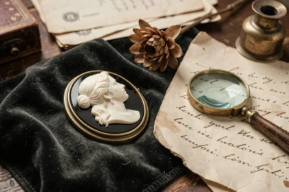 Broche camée antique en onyx noir et ivoire posée sur du velours avec une loupe et une lettre ancienne, illustrant la signification symbolique des bijoux camée