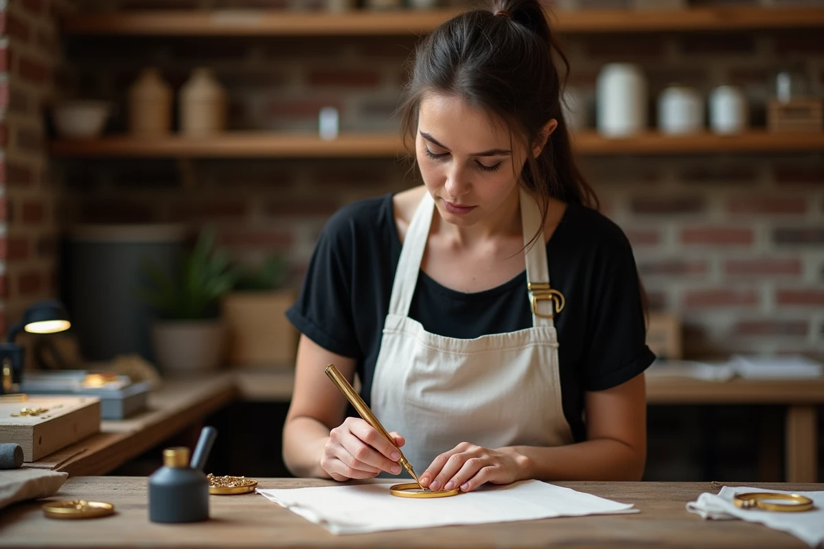 Bijoutière graveuse au travail dans son atelier personnalisant un bracelet en or pour femme