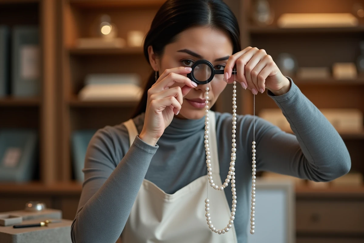Bijoutière experte examinant un rang de perles de Tahiti à la loupe dans un atelier de joaillerie