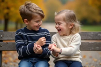 Frère et sœur assis sur un banc en bois portant des bracelets assortis en argent avec des étoiles, entourage de feuilles dorées en automne
