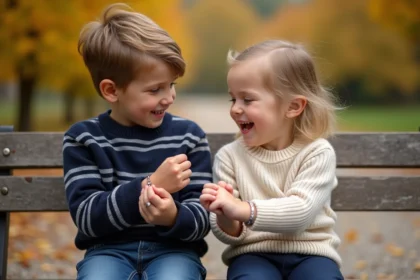 Frère et sœur assis sur un banc en bois portant des bracelets assortis en argent avec des étoiles, entourage de feuilles dorées en automne