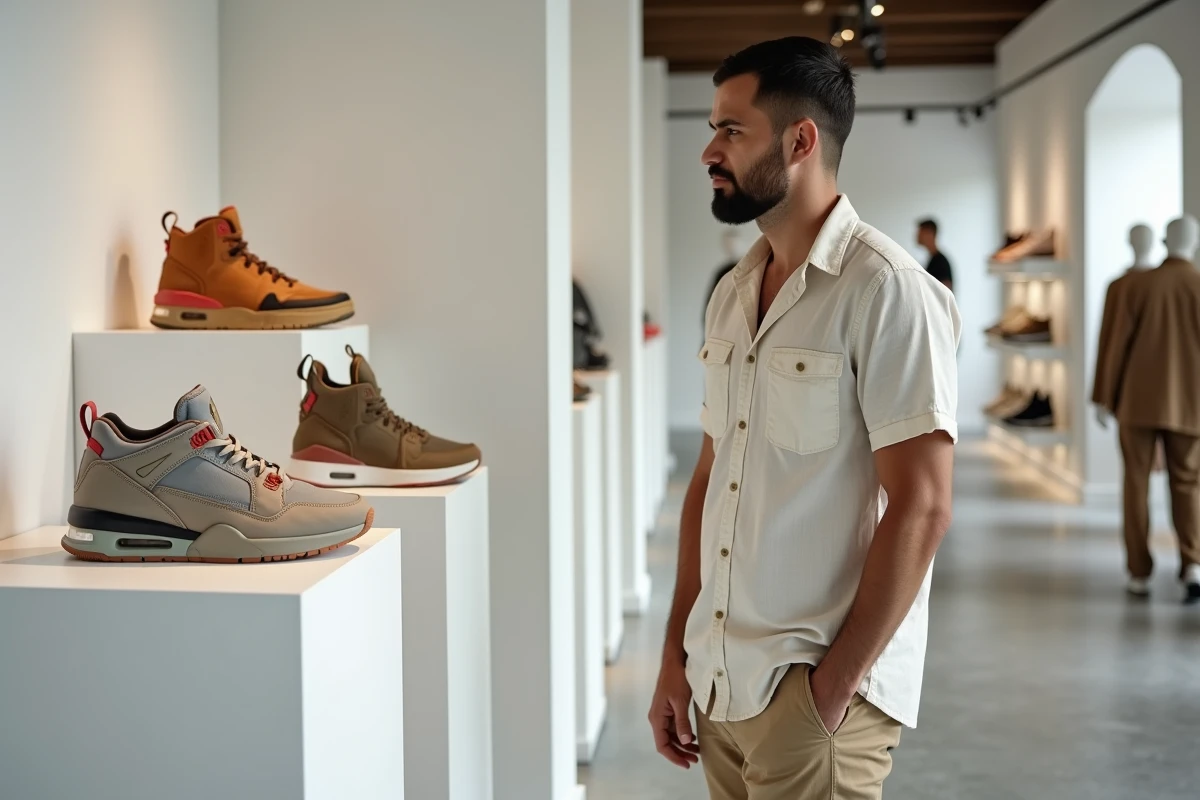 Homme comparant deux paires de baskets basketball premium dans une boutique de sneakers haut de gamme au design épuré