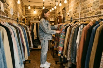 Femme en veste en jean oversize des années 80 fouillant les portants d'une boutique vintage à Toulouse