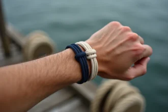 Bracelets cordon homme style marin en coton bleu marine et beige naturel portés au poignet sur un fond de quai en bois