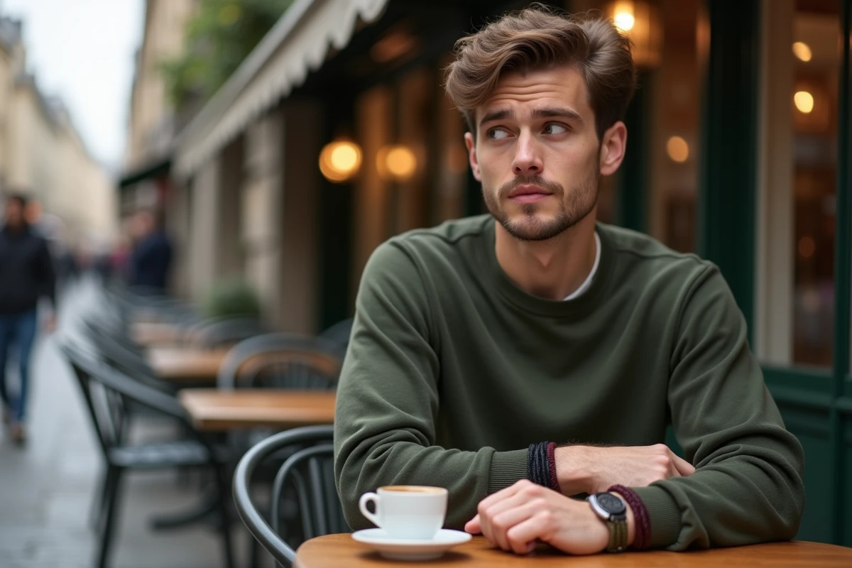 Homme portant des bracelets cordon empilés style urbain dans un café parisien en extérieur