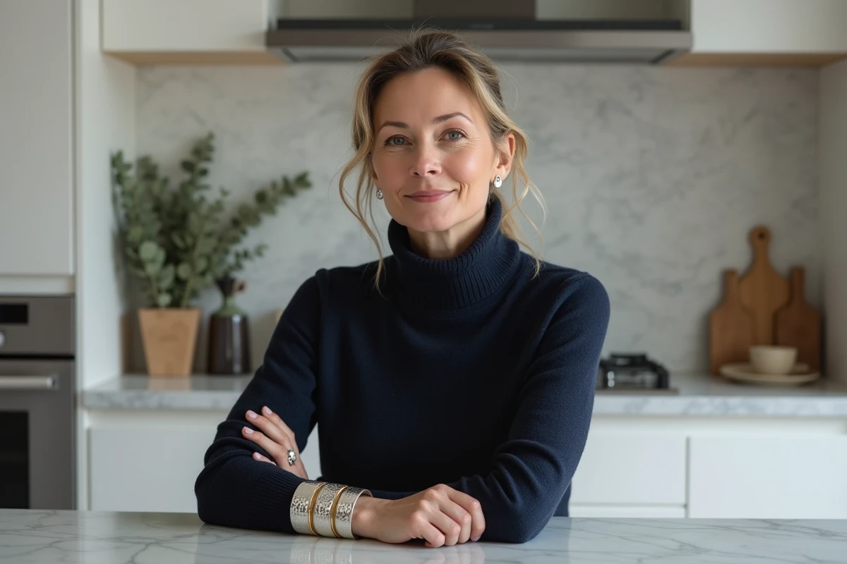 Femme avec un large bracelet argenté martelé et jonc doré au poignet dans une cuisine minimaliste moderne