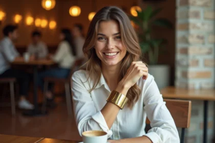Femme portant un large bracelet doré au poignet dans un café parisien, bijou signature du quotidien