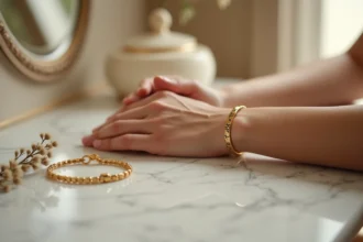 Bracelet en or personnalisé avec message gravé porté au poignet d'une femme sur marbre blanc