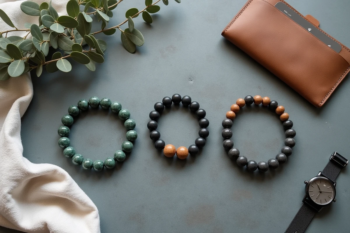 Flat lay de trois bracelets en pierres naturelles faits main pour homme avec accessoires masculins sur surface en ardoise