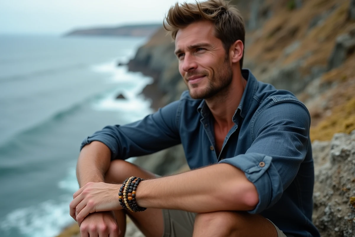 Homme portant un bracelet en oeil de tigre et quartz fumé fait main, assis sur des rochers en bord de mer