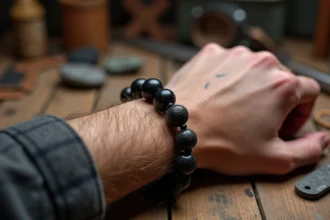 Bracelet en pierre naturelle fait main pour homme avec onyx noir et perles de lave, posé sur une table d'atelier en bois brut