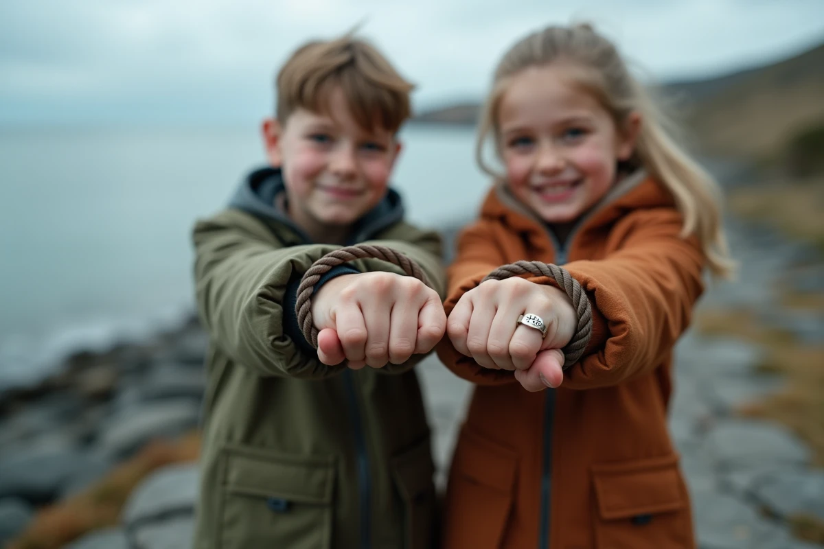 Frère et sœur adolescents sur un sentier côtier montrant leurs bracelets en cordon assortis avec disque gravé face à la mer