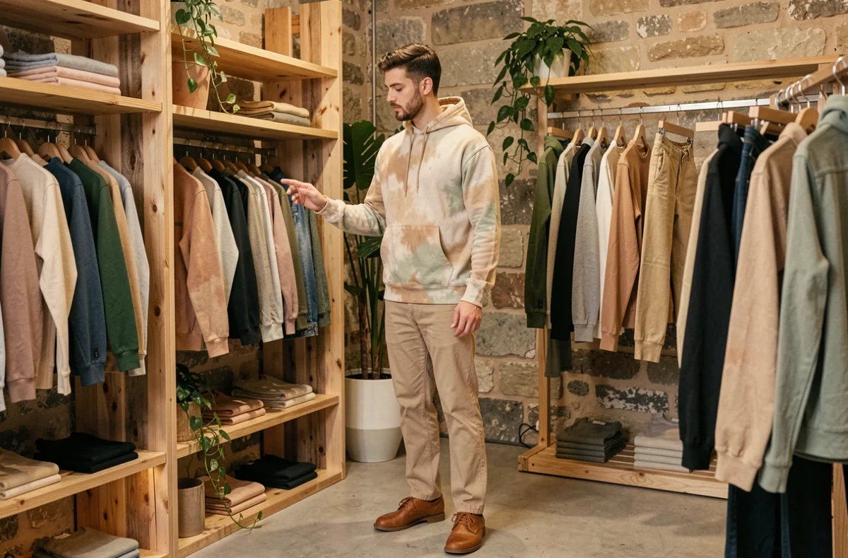 Intérieur de Centre Commercial Paris avec son ambiance épurée et éco-responsable, un client parcourant des vêtements durables sur des étagères en bois recyclé