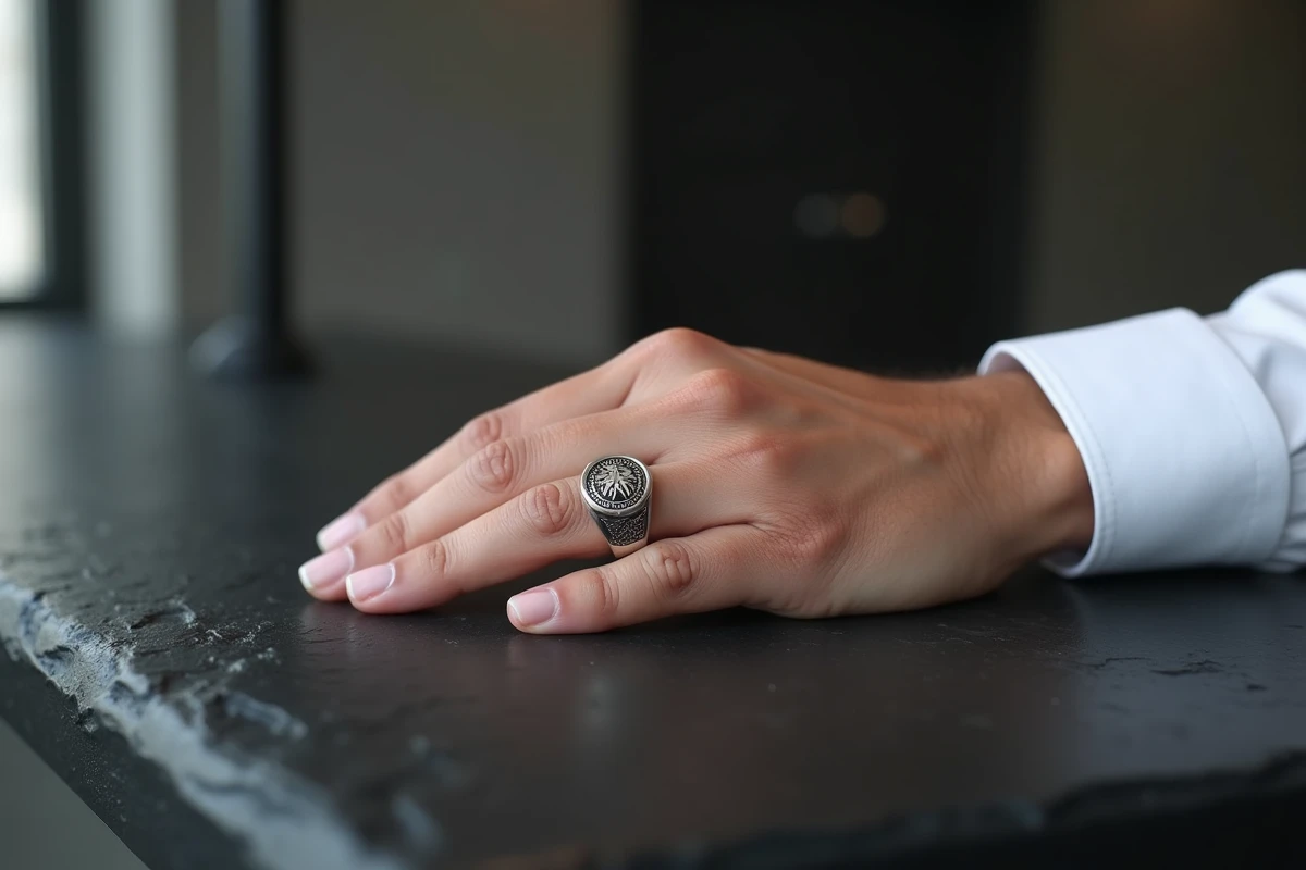 Homme portant une chevalière en argent massif gravée aux armoiries sur fond d'intérieur minimaliste moderne