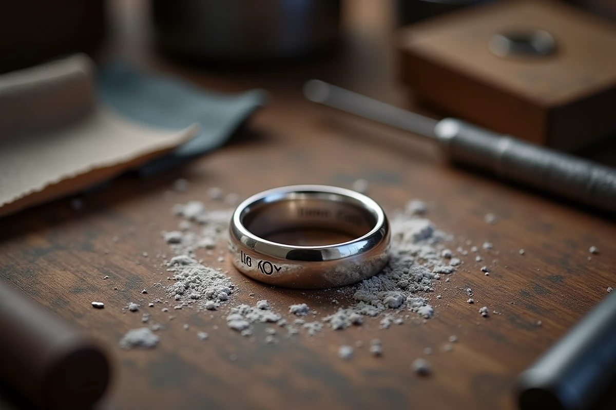 Chevalière en argent massif personnalisée posée sur un établi d'artisan joaillier avec outils de gravure traditionnels