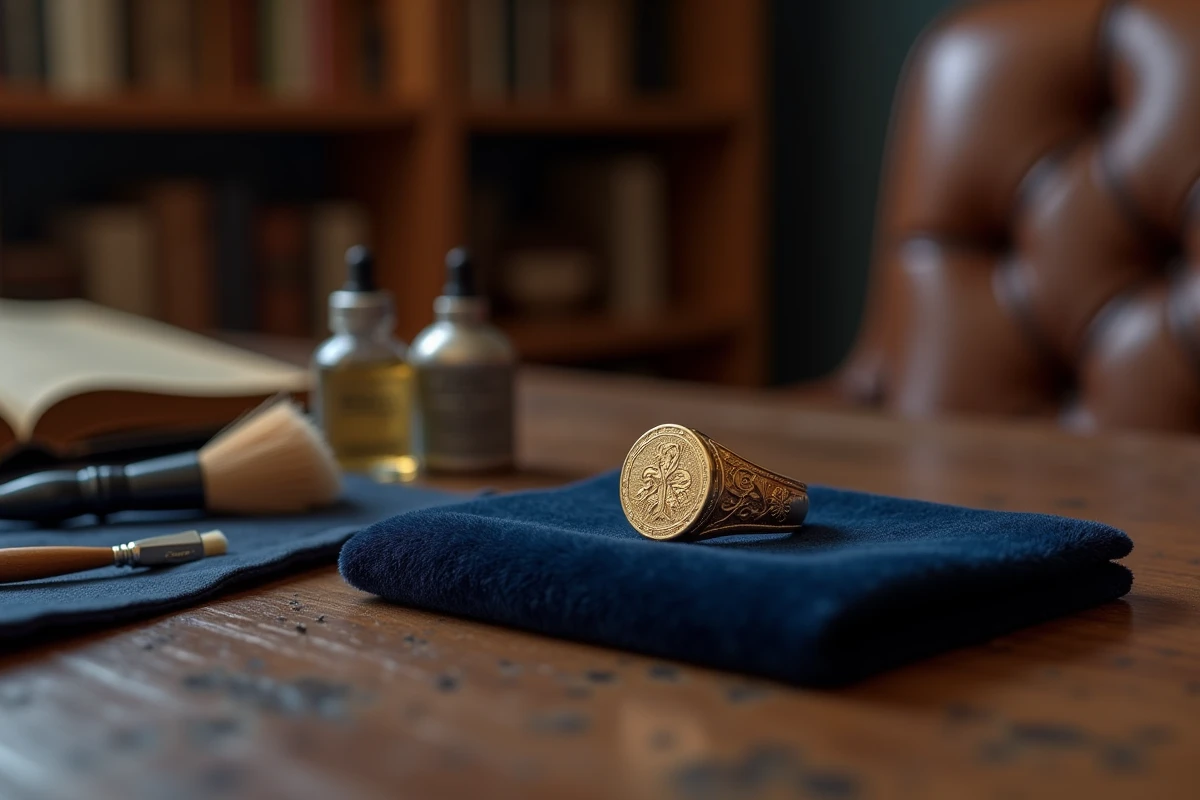 Chevalière en or posée sur un tissu en velours bleu marine entourée d'accessoires d'entretien pour bijoux