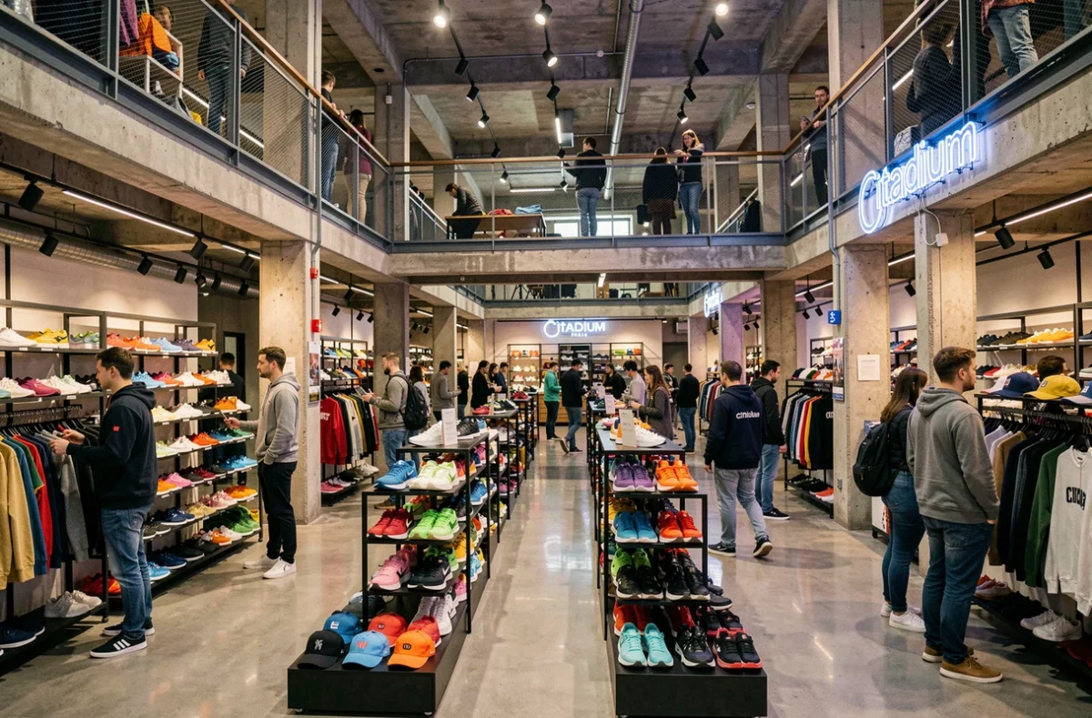 Intérieur de Citadium Paris avec ses rayons de sneakers et vêtements streetwear sur plusieurs étages dans un espace industriel moderne