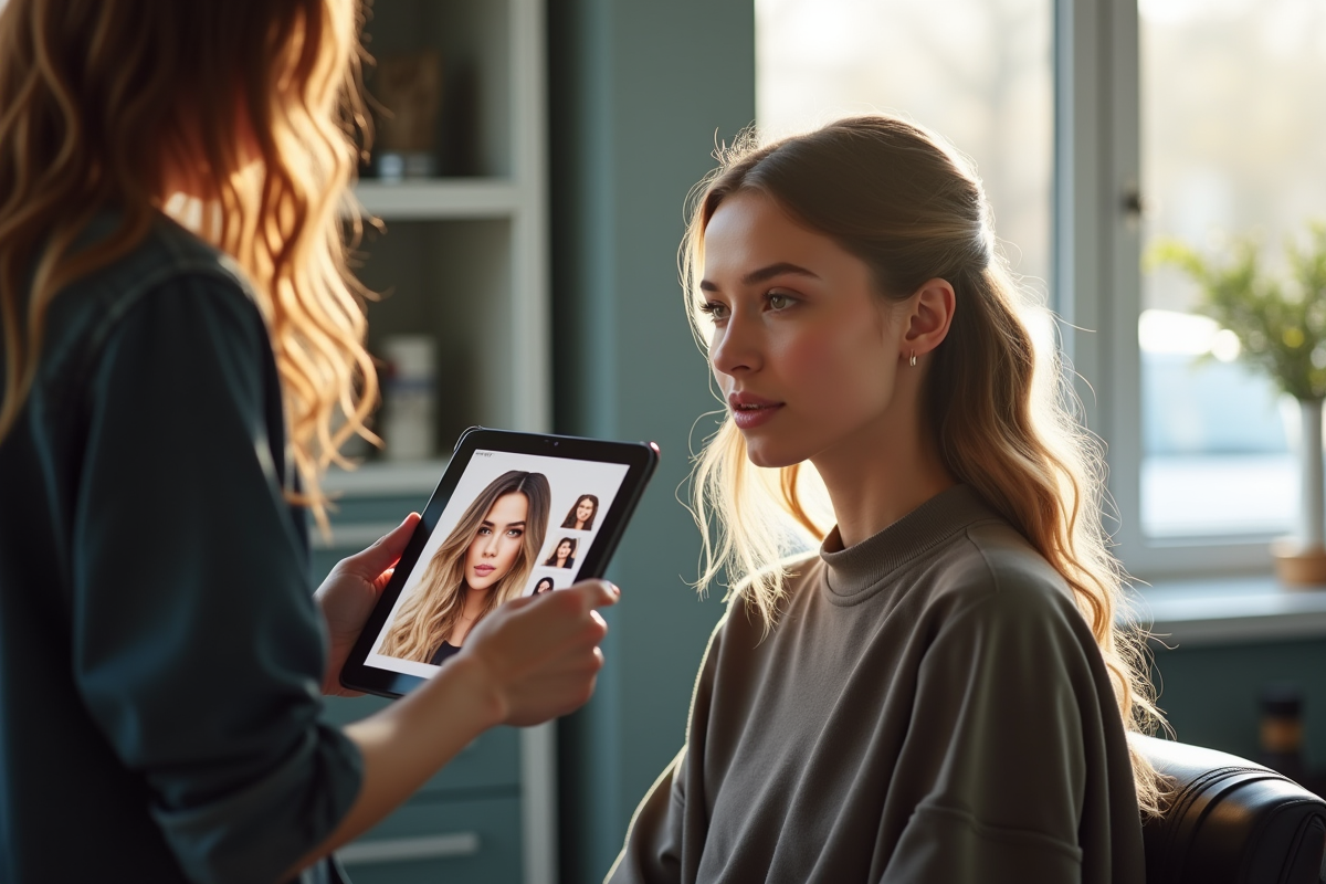 Jeune femme dans un salon de coiffure moderne avec tablette