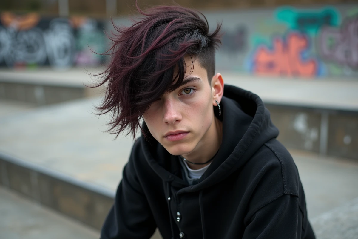 Adolescent avec coiffure emo volumineuse et reflets bordeaux assis dans un skatepark urbain