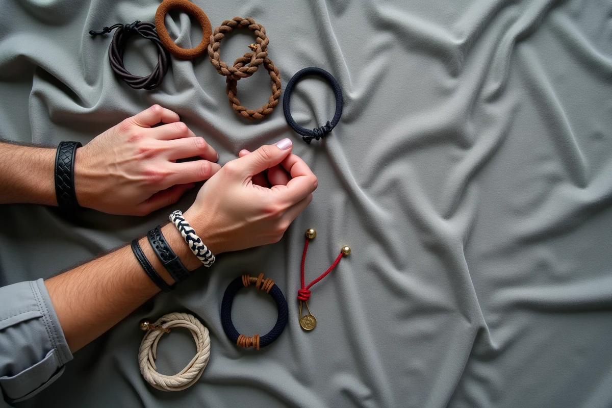 Collection de bracelets cordon pour homme style sobre et marin disposés en flat lay sur du lin gris