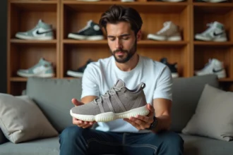 Collectionneur de sneakers homme tenant une basket édition limitée dans son appartement avec des étagères remplies de boîtes de chaussures