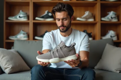 Collectionneur de sneakers homme tenant une basket édition limitée dans son appartement avec des étagères remplies de boîtes de chaussures