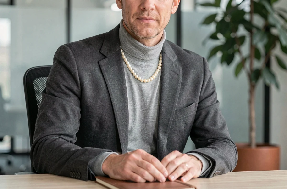 Homme en costume gris portant un collier de perles élégant dans un bureau contemporain, look professionnel discret
