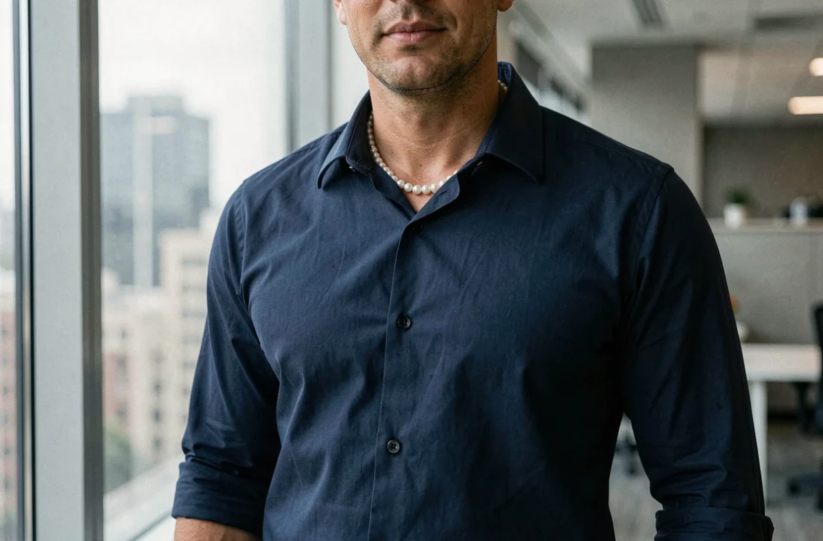 Homme près d'une fenêtre de bureau portant un collier en perle sobre sur chemise bleue, style élégant et moderne