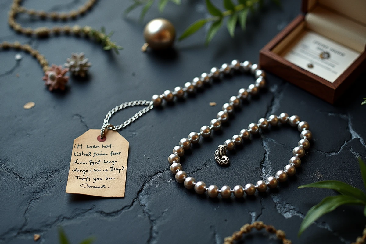 Vue de dessus d'un collier de perles de Tahiti avec certificat d'authenticité et étiquette de prix sur ardoise
