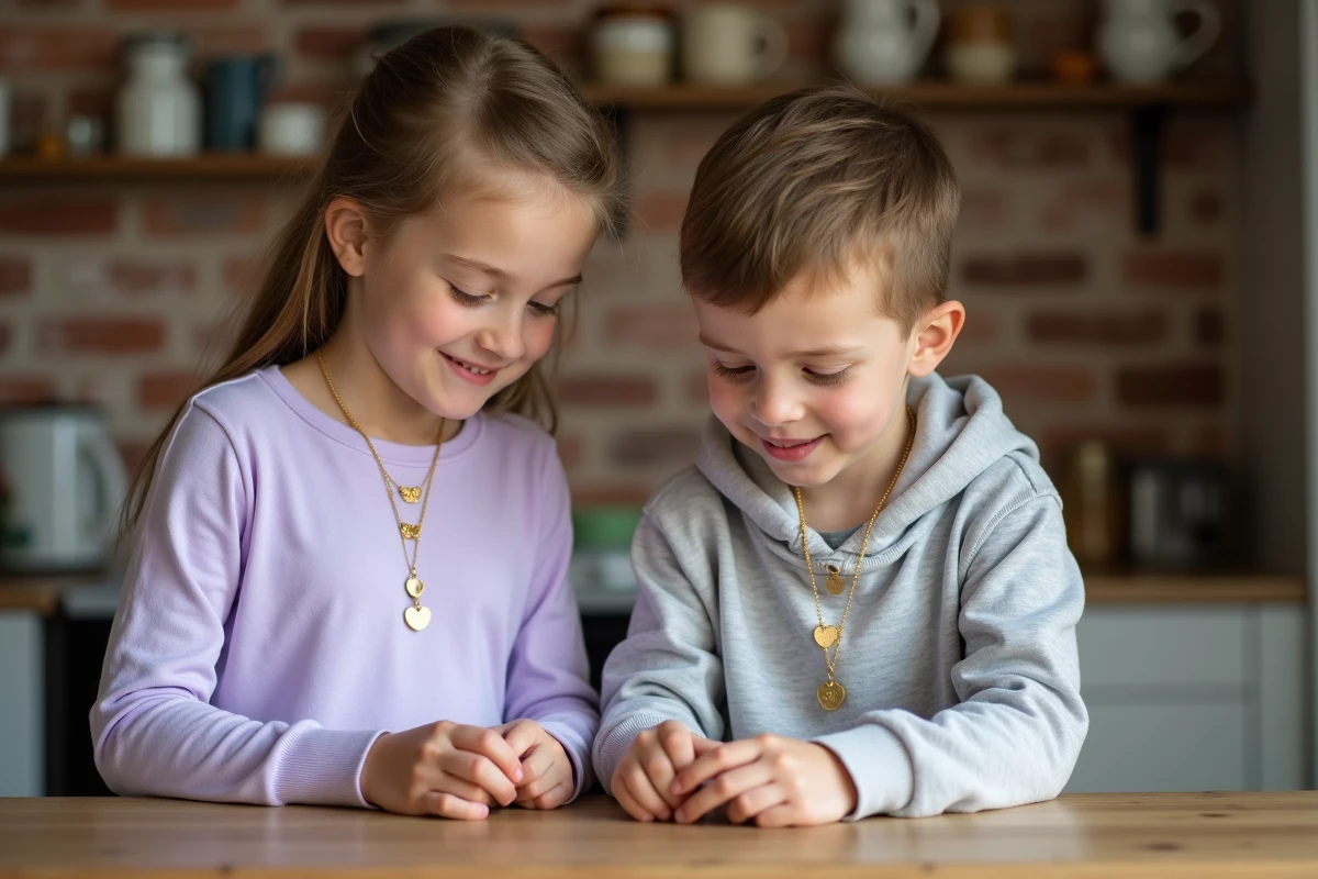 Jeune frère et sœur dans une cuisine rustique tenant leurs colliers assortis en or avec pendentifs en forme de cœur