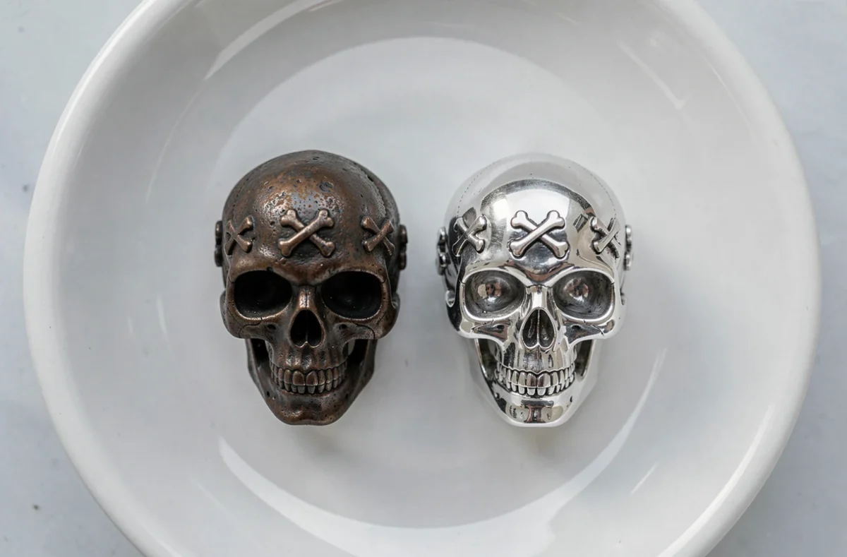 Comparaison de deux bagues tête de mort, l'une ternie et l'autre nettoyée, posées sur un plat en céramique blanche