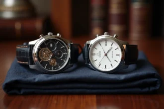 Deux montres de luxe côte à côte sur bois poli, comparaison entre montre haut de gamme à tourbillon et montre automatique accessible
