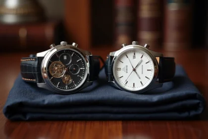 Deux montres de luxe côte à côte sur bois poli, comparaison entre montre haut de gamme à tourbillon et montre automatique accessible