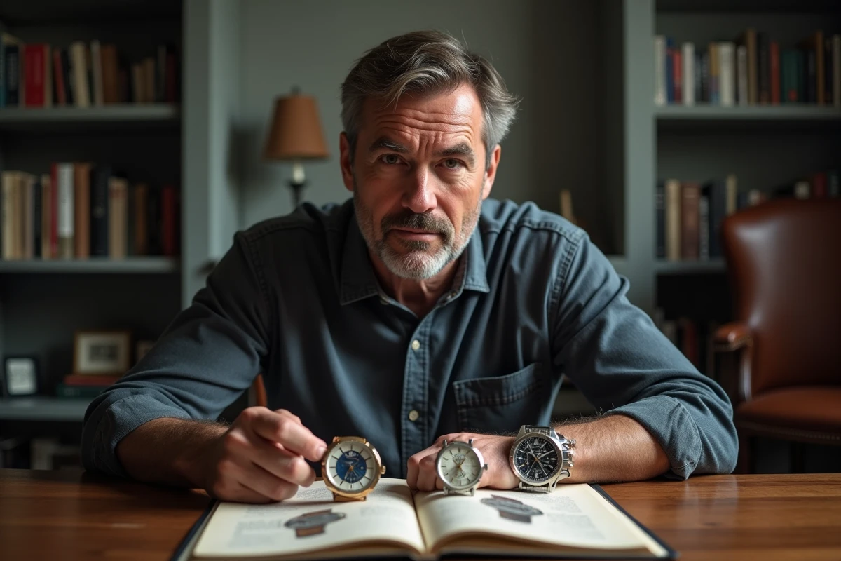 Homme comparant deux montres de luxe pour distinguer une marque LVMH d'un concurrent indépendant